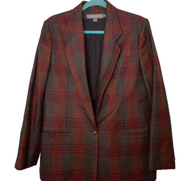 Vintage Plaid Wool Blazer Career Options Red Jacket Size 12 - Picture 1 of 8